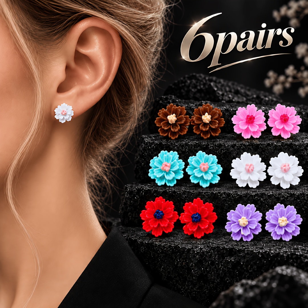 Multicolor Flower Stud Earrings Set, 6-Pairs